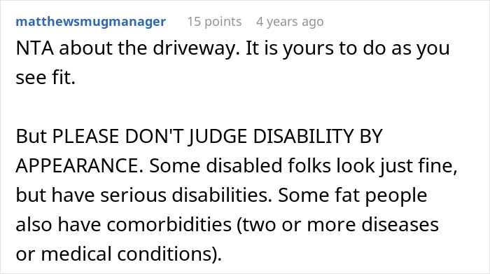 Comment text emphasizing not judging disability by appearance, discussing disabled and comorbid conditions in driveway dispute context.