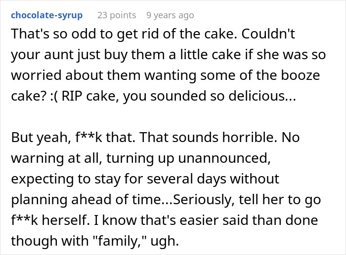 Comment discussing aunt invading home, demanding free childcare, and disrupting birthday celebration with no warning. - 21