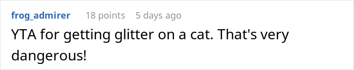 Comment on a forum expressing concern about the dangers of putting glitter on a cat related to a roommate stealing clothes.