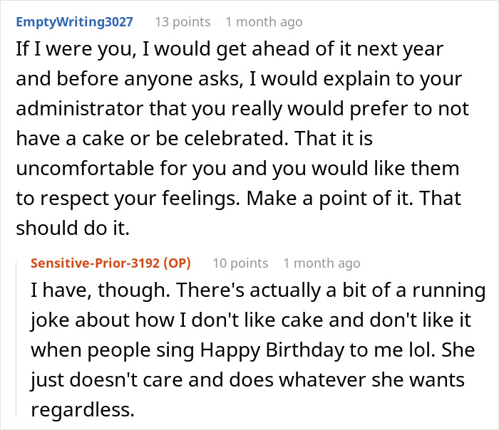 Comment thread showing a conversation about an annoyed worker birthday cake and not wanting to be celebrated at work. - 23