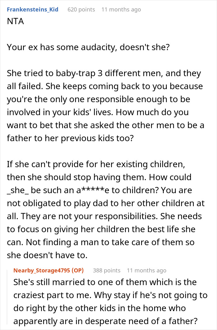 Comment discussing a woman who cheats and wants her partner to care for her children with other men.