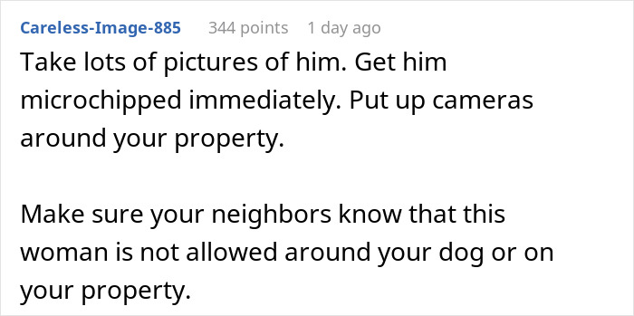 Text advice on protecting a service dog from a woman not allowed near the dog or property, emphasizing safety measures.