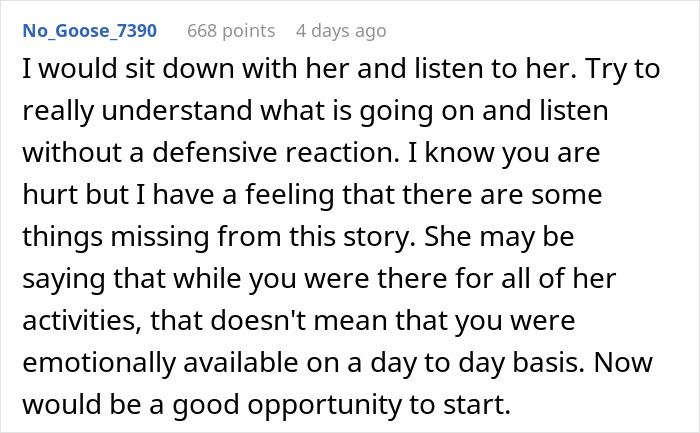 Reddit comment advising a father to listen and understand his daughter's feelings about generational trauma without being defensive. - 25