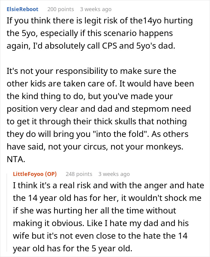 Commenters discuss teen refusing to babysit and risks to 5-year-old left alone for hours in emergency situation. - 17