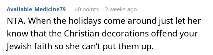 Comment discussing conflicts over Jewish traditions and OCD triggers during holidays between roommates.