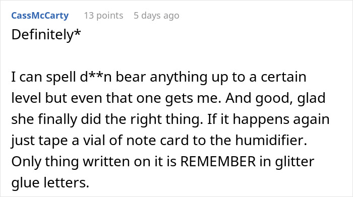 Screenshot of a forum comment discussing a woman putting glitter in roommate&rsquo;s humidifier after clothes theft.