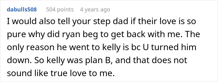 Screenshot of a Reddit comment discussing toxic family issues and stepsister stealing fiancé causing refusal to reconnect. - 34