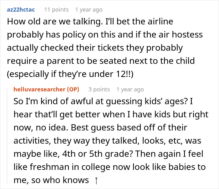Screenshot of Reddit comments discussing airline seating policy and guessing kids’ ages related to woman blamed for rowdy kids during flight. - 24
