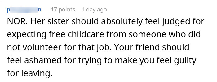Text comment about woman leaving friend's party after being used as babysitter by sister, discussing free childcare expectations. - 22
