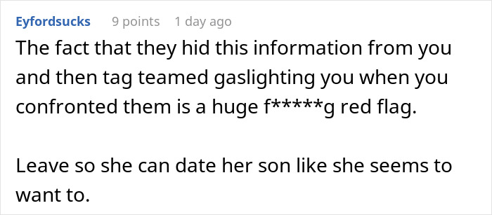 Screenshot of a Reddit comment discussing gaslighting and relationship issues involving a man, fiancee, and mother-in-law key situation. - 37