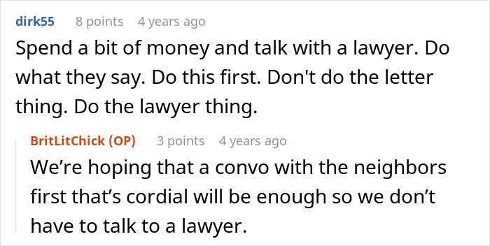 Online conversation where neighbors discuss handling a dispute about treating a driveway like a backyard.