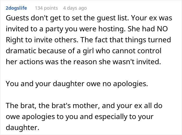 Text conversation discussing a mom inviting an unwanted guest to her daughter’s party, leading to drama and apologies. Text conversation discussing a mom inviting an unwanted guest to her daughter’s party, leading to drama and apologies.