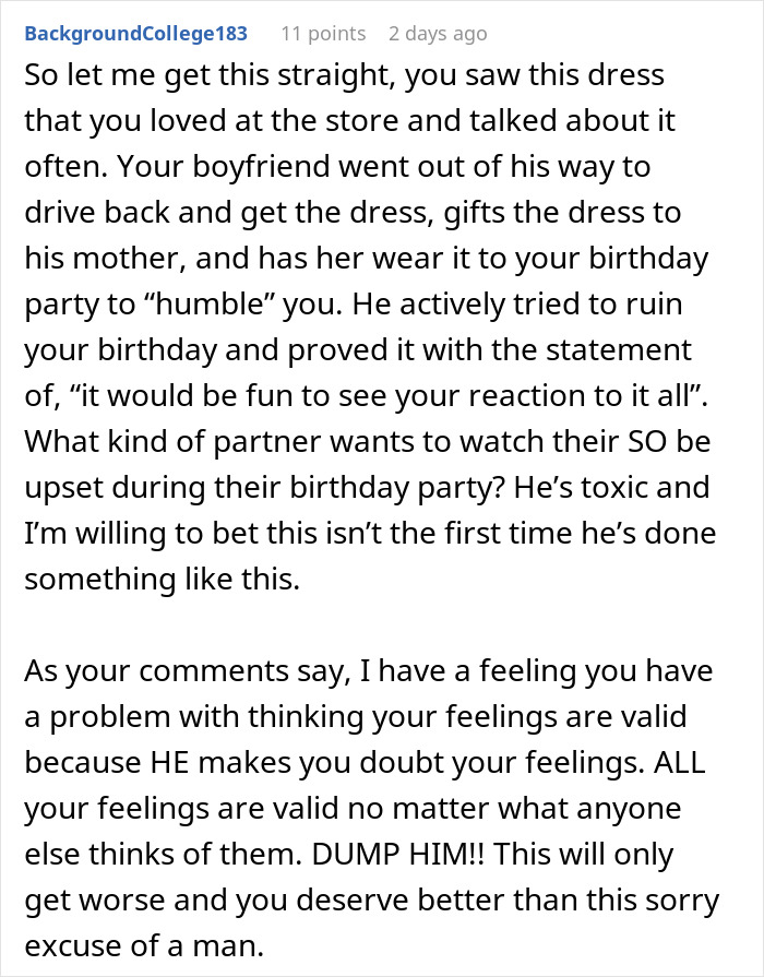 Comment describing a jerk boyfriend who gifts his girlfriend’s dream dress to someone else to humble her. - 51
