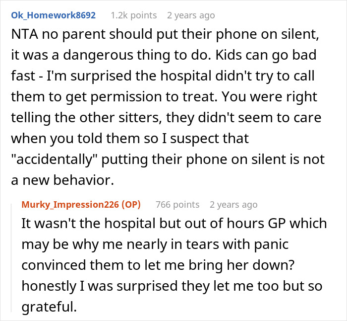 Comments discussing dangers of babysitters putting phones on silent, highlighting family concerns about local babysitter behavior.