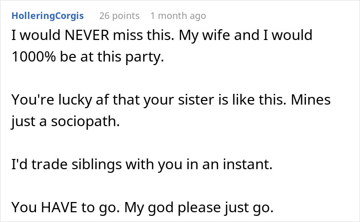Screenshot of an online comment thread discussing a guy skipping his sister&rsquo;s rebirth party due to discomfort.