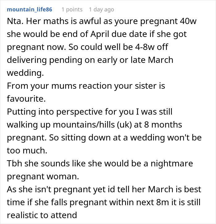 Comment discussing bride refusing to move wedding despite sister potentially being pregnant and due date concerns. - 21