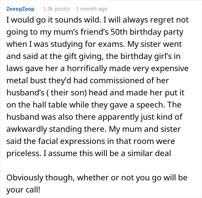 Screenshot of a Reddit comment describing awkward moments at a family party about a controversial re-birth event.