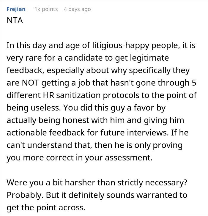 Comment discussing job interview feedback and candidate chances after a guy walks into job interview with high hiring odds.