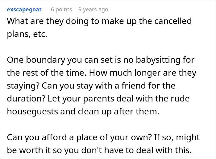 Screenshot of a forum comment discussing setting boundaries with an aunt demanding free childcare and leaving a mess. - 29