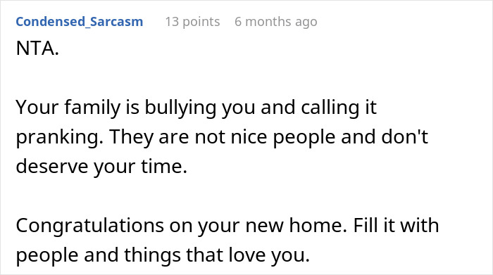 Reddit comment addressing family stages fake legal notice prank and advising cutting contact for self-care and peace. Reddit comment addressing family stages fake legal notice prank and advising cutting contact for self-care and peace.