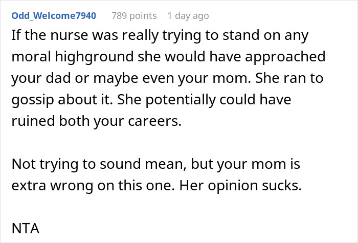 Comment discussing a nurse accused of gossiping and the impact on careers in an AITAH nurse affair accusation case. Comment discussing a nurse accused of gossiping and the impact on careers in an AITAH nurse affair accusation case.