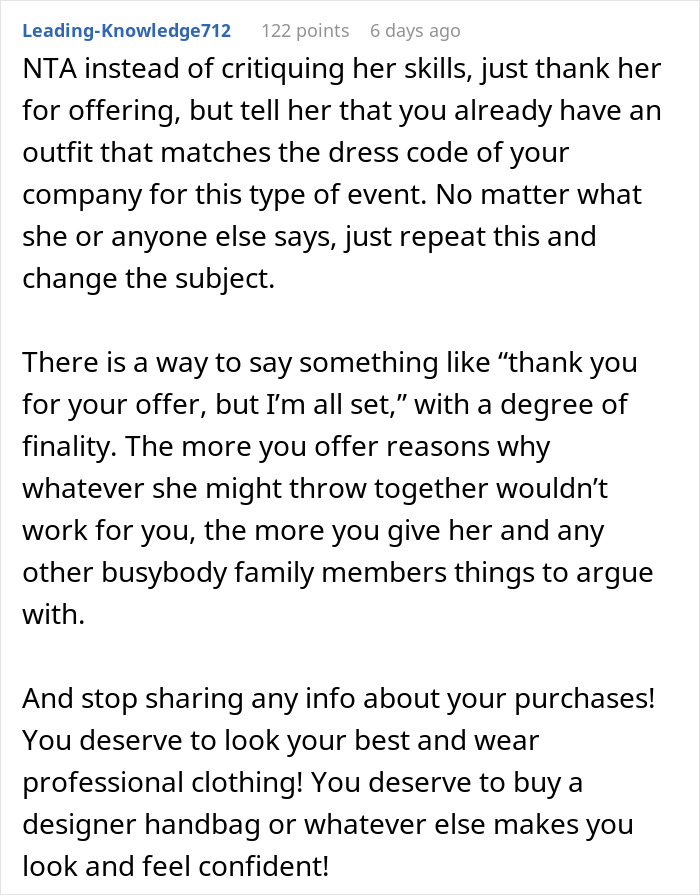 Text comment about woman refusing to wear niece&rsquo;s handmade dress for career event, addressing skills and professional clothing choices.