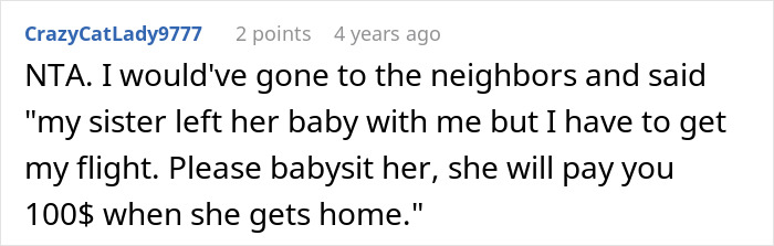 Screenshot of a Reddit comment discussing a woman missing her flight babysitting niece and asking parents for compensation. - 27