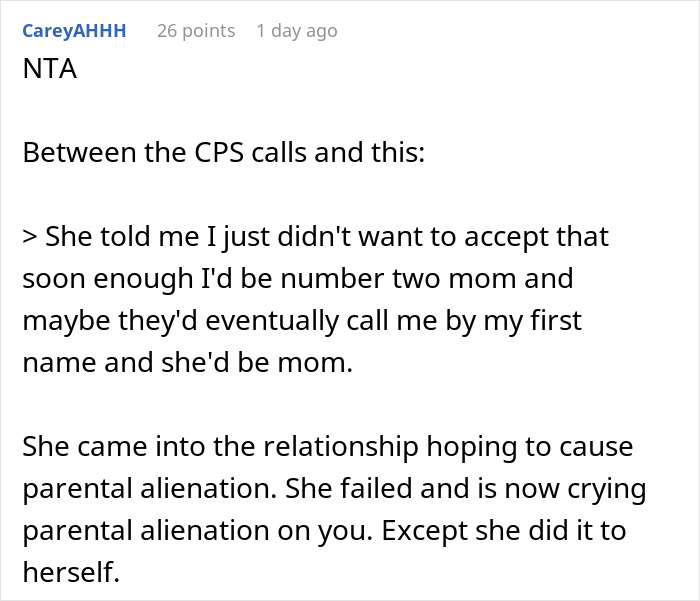 Reddit comment discussing woman’s lack of regret over ex-husband’s new wife and parental alienation issues. - 44