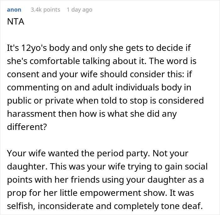 Text post discussing a mom wanting to give her 12-year-old daughter a menstruation celebration but going too far. - 28