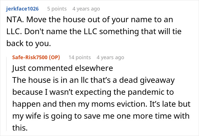 Screenshot of a Reddit conversation about secretly owning and renting a house to a family member through an LLC.