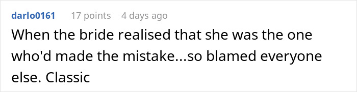 Comment text on a white background discussing the bride telling guests to wear neutrals then getting upset no one wore color.