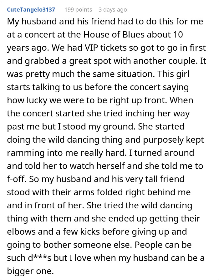 Woman annoys everyone at concert, wild dancing, and beer poured in her purse reaction shown in a crowded concert setting. - 25