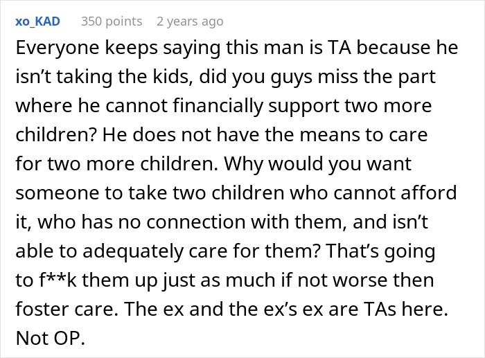Comment discussing financial struggles and care concerns when a mom of 6 tries to dump two adopted kids on ex during divorce.