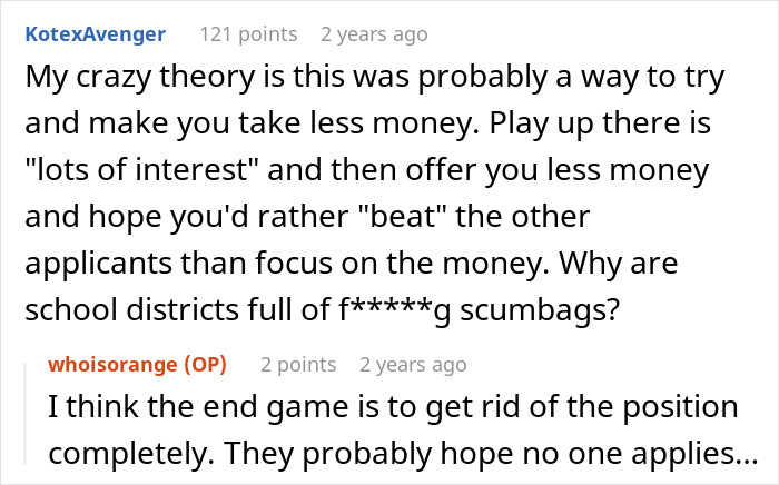 Commenters discussing work strategies and frustrations related to making and reapplying for a position in school districts. - 11