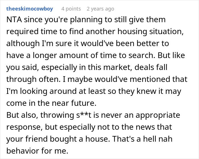 Comment discussing not telling roommate bought house until closed, emphasizing timing and appropriate communication in housing situations.