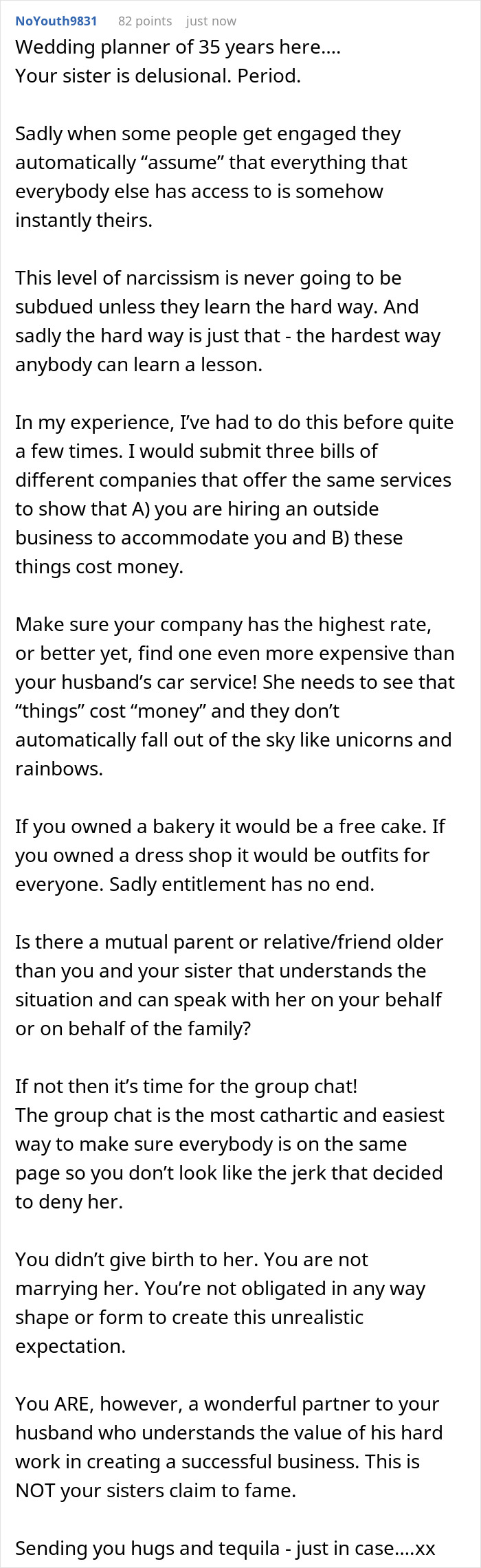 Comment explaining sister shutting down bride's demands over husband’s car service business and entitlement issues. - 19