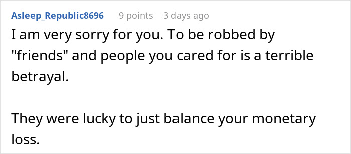 Comment expressing sympathy for a pregnant woman dealing with betrayal after a friend’s guest steals from her. - 73