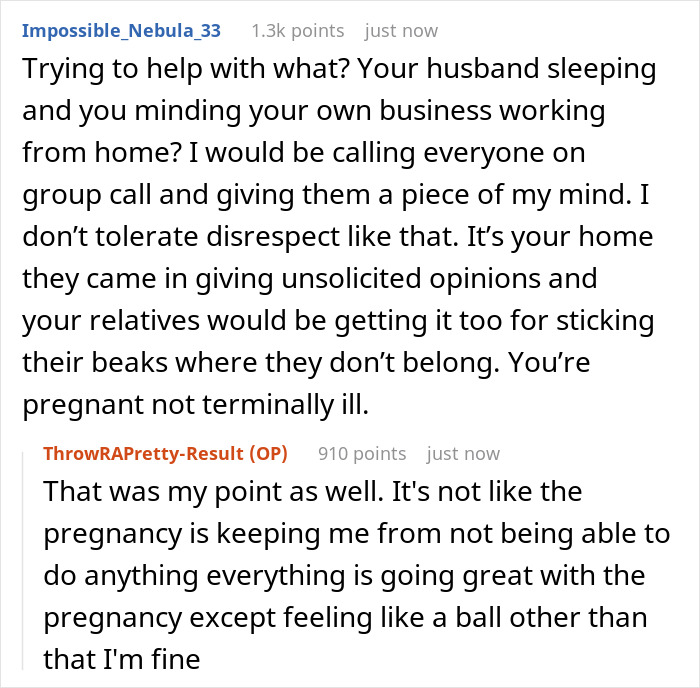 Text conversation discussing parents wanting to wake a man who sleeps past noon despite pregnant wife kicking them out.