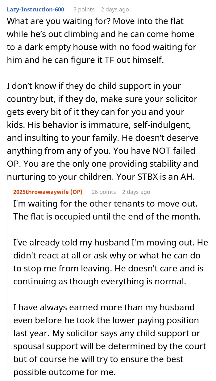 Text conversation discussing a troubled marriage and emotional impact of husband's new hobby on family stability.