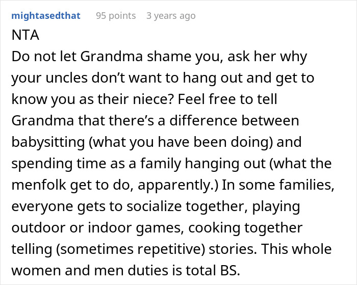 Reddit comment explaining a teen refusing unpaid babysitting and family trip, highlighting unfair family gender roles.