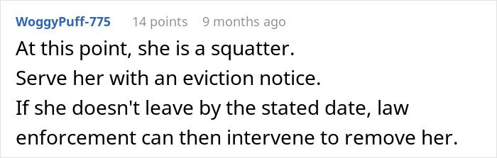 Comment discussing eviction options for an aunt living rent-free in a house inherited by a man.