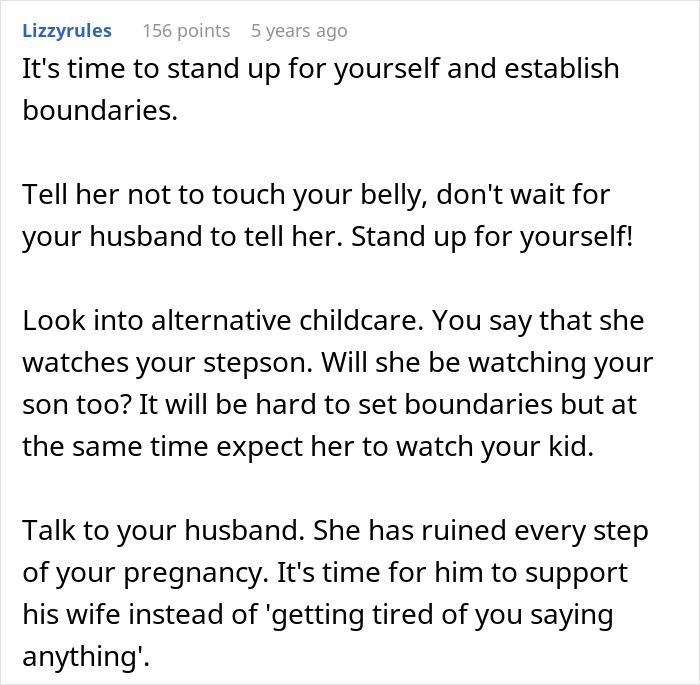 Comment advising to establish boundaries and address issues with MIL during gender reveal and pregnancy challenges.