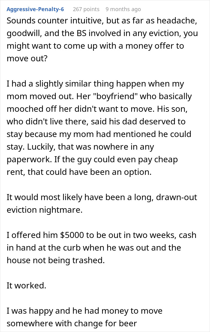 Comment discussing family drama and issues with rent-free living arrangements after inheriting a dad&rsquo;s house.