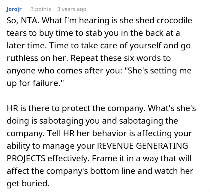 Comment text discussing a boss bad with technology and caught spying on a 25-year-old coworker&rsquo;s work projects.