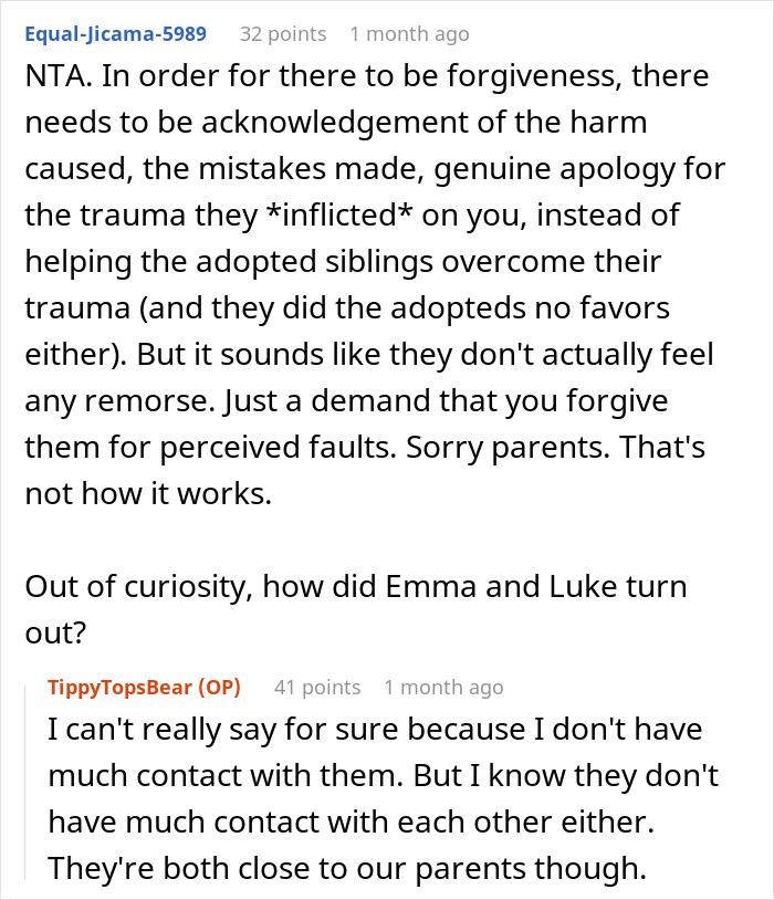 Comment discussing lack of genuine apology from parents who favor adopted kids over bio son and seek forgiveness. - 25