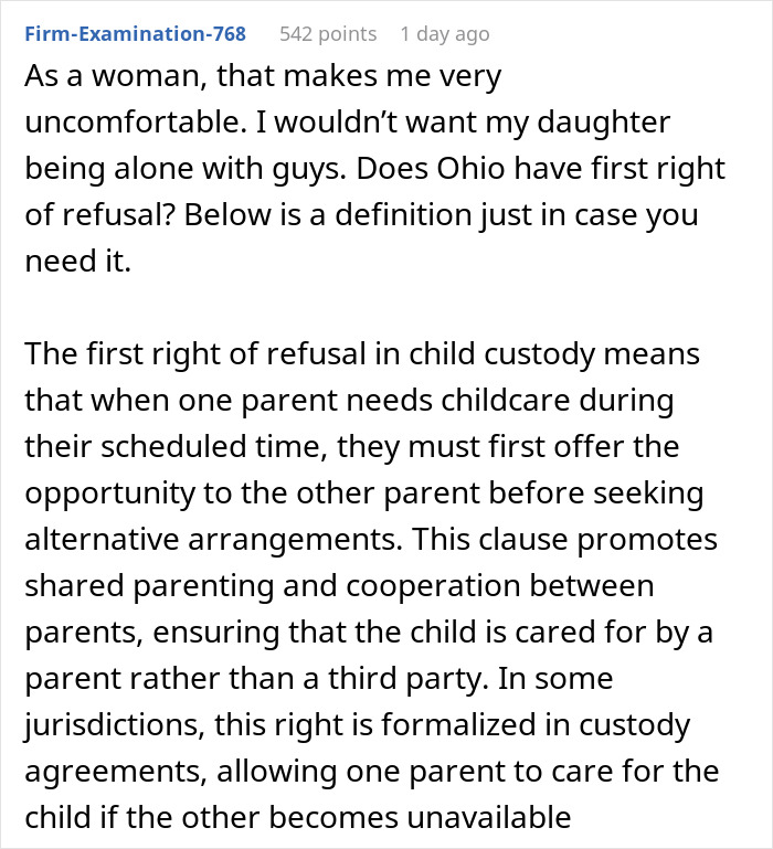 Comment discussing concerns about an 8-year-old spending the night at mom's boyfriend's house with no family or female present.