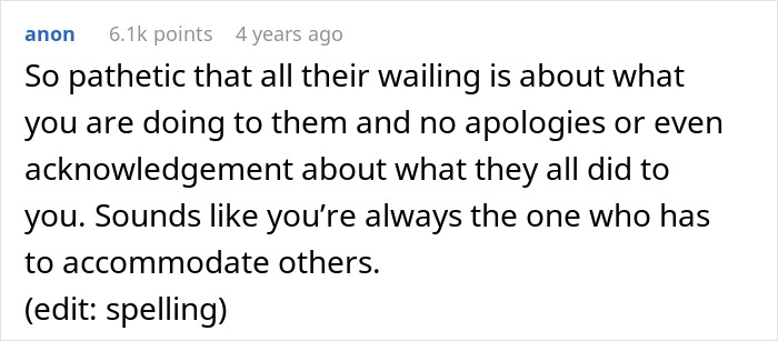 Comment discussing toxic family dynamics and refusal to forgive stepsister for stealing fiancé, highlighting resentment and lack of apology. - 29