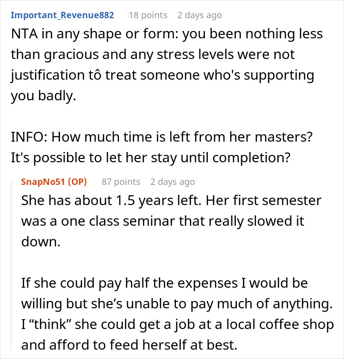 Reddit conversation discussing a guy asking his ex to move out and her concern about dropping out of school. - 23