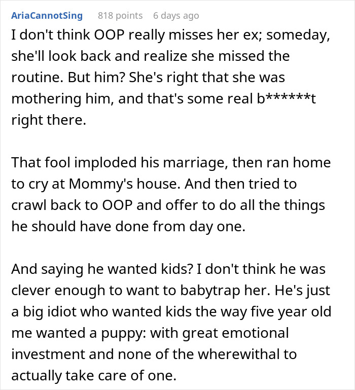 Comment discussing a husband demanding a child and opening up the marriage, with wife responding with divorce papers. - 88