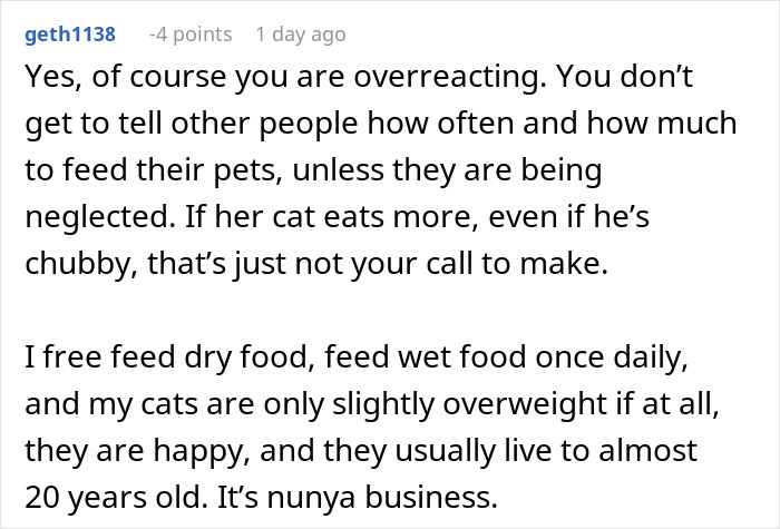 Comment discussing concerns about a severely overweight cat and feeding habits between sisters. - 30